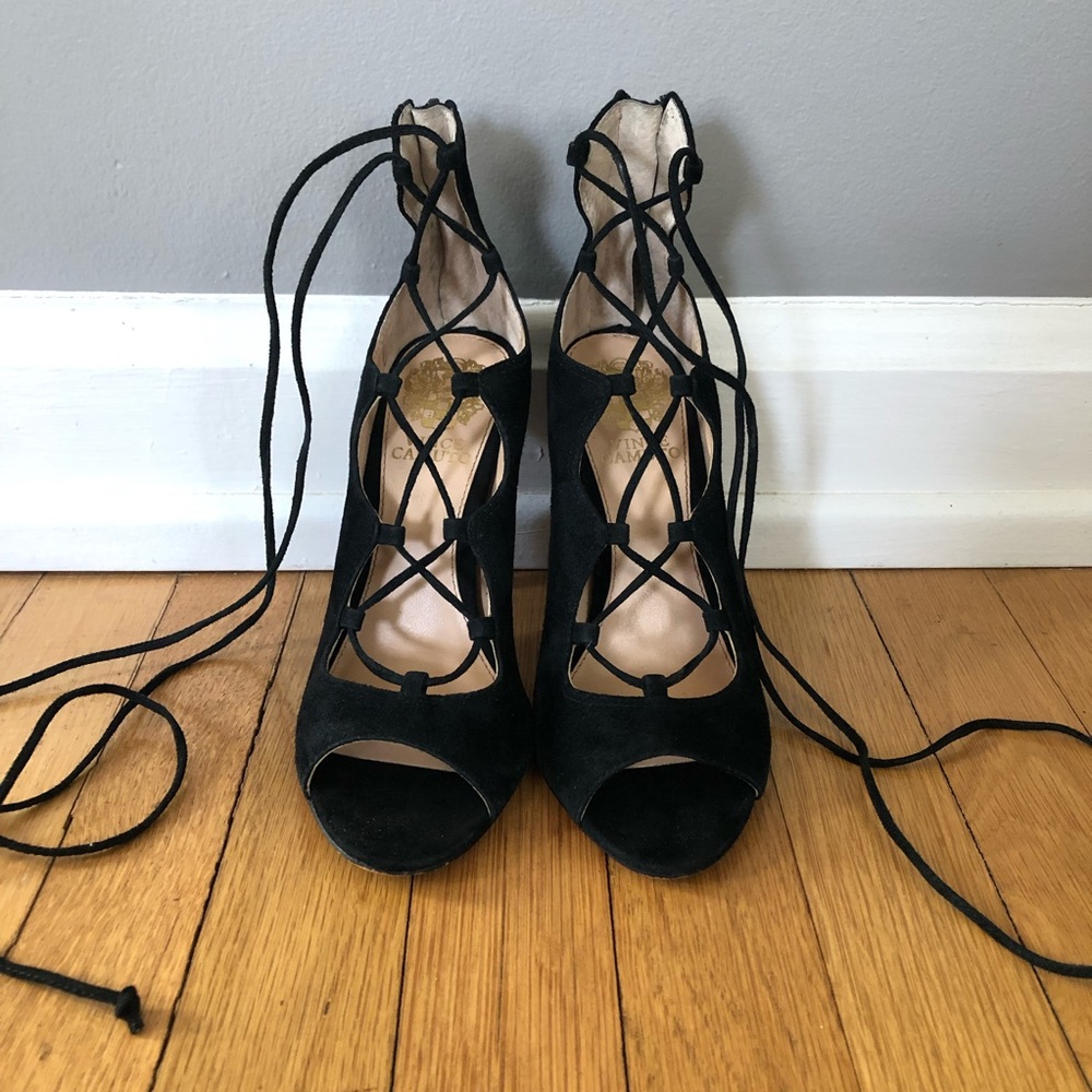 Vince Camuto Black Suede Strappy Heels (Women’s 5)